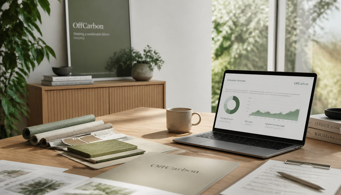 Bureau OffCarbon avec échantillons de tissus et outils de mesure d'impact environnemental